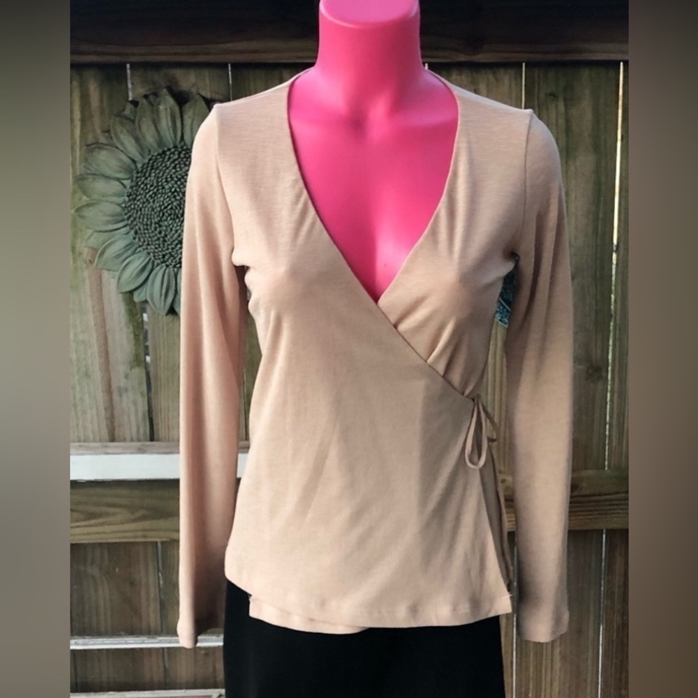 Arden B Tan Long Sleeve V-Neck Wrap Front Side Tie Blouse Style OSQ802 Size M